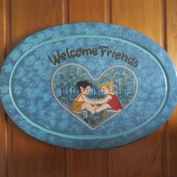 WELCOME SIGN Wooden Handpainted Rustic Folk Art Large 21.5 x 15 x .75" (216V) - Picture 1 of 6